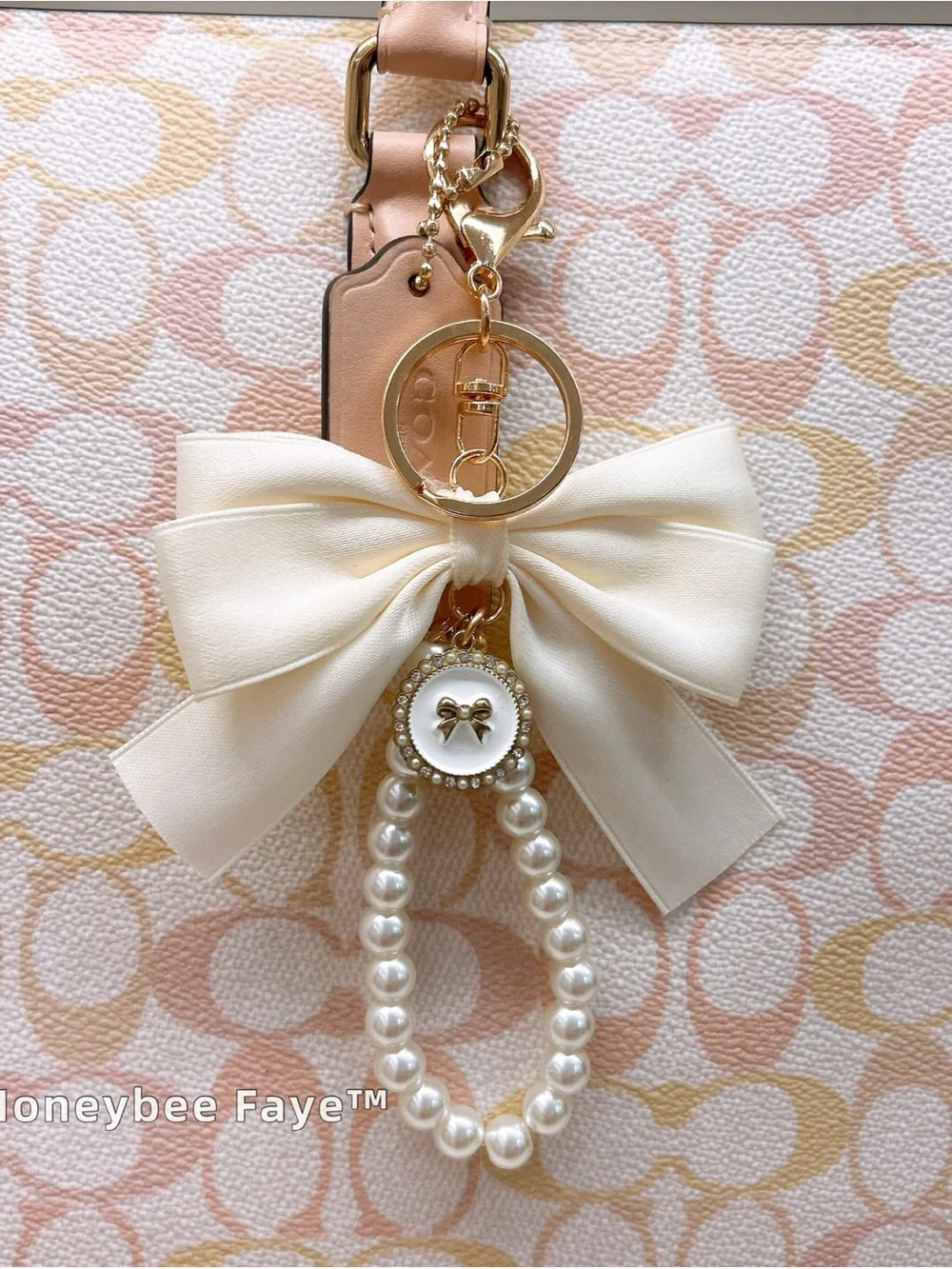 Coach Maggie tote Pink and Cream Signature Tote with Bow Pearl Charm large size